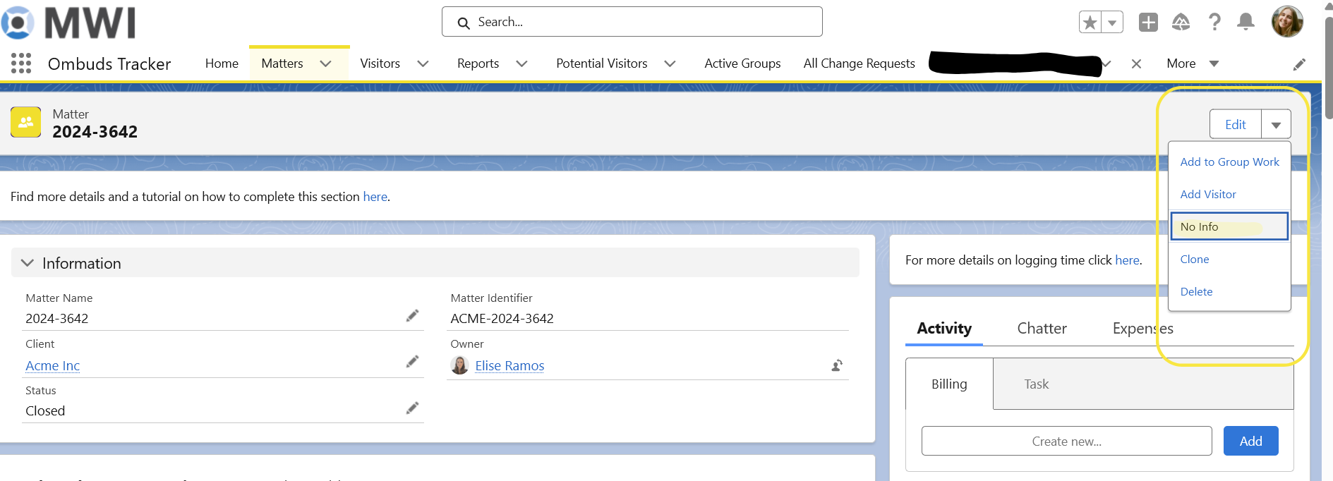 Location of the No Info button in the Salesforce Matter record interface
